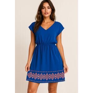 Miami Women’s Blue Boho Boutique Shift Dress Small Embroidered Hem Elastic Waist